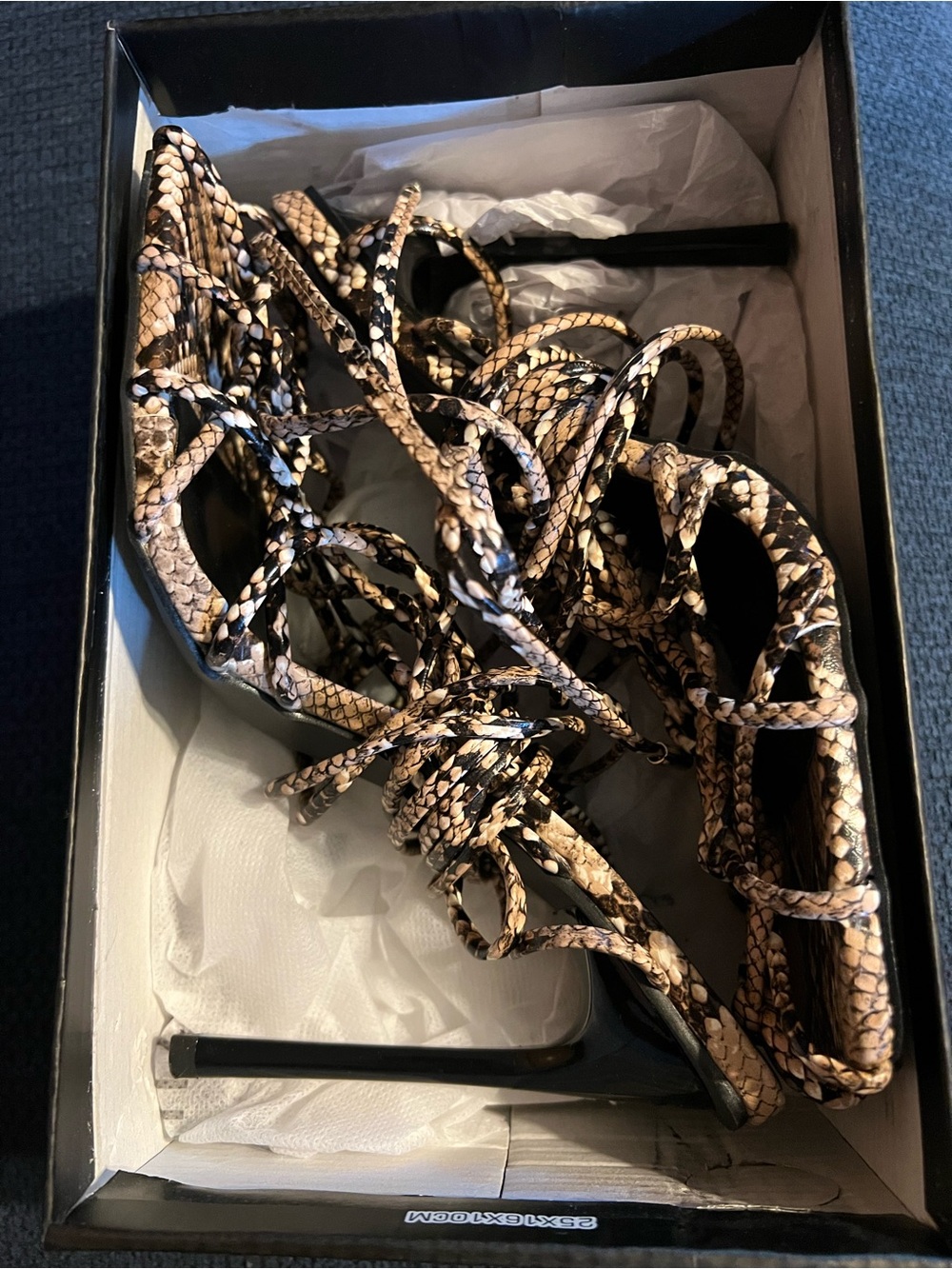 PrettyLittleThing Snake-Print Lace-Up Stiletto Sandals in Beige and Black